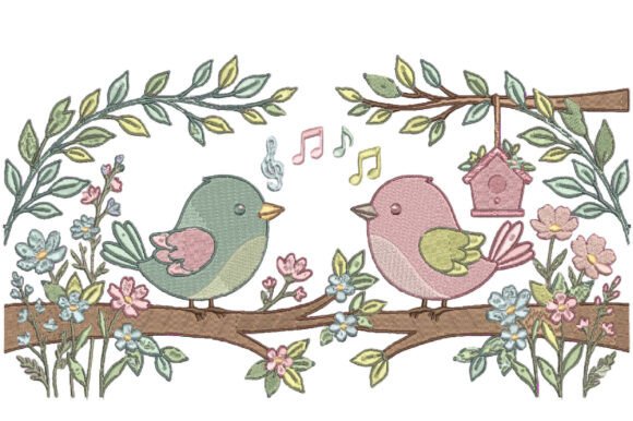 Adorable Cute Spring Birds Embroidery Design
