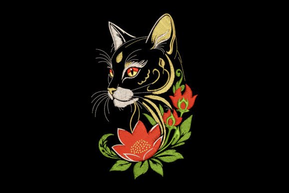 Cat with Red Flowers: A Charming Embroidery Design